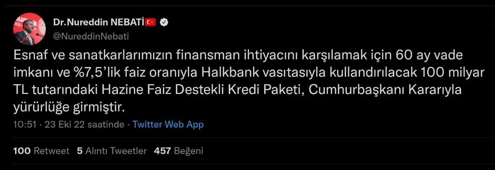 Bakan Nebati: "100 milyar liralık Hazine Faiz Destekli Kredi Paketi yürürlüğe girmiştir"