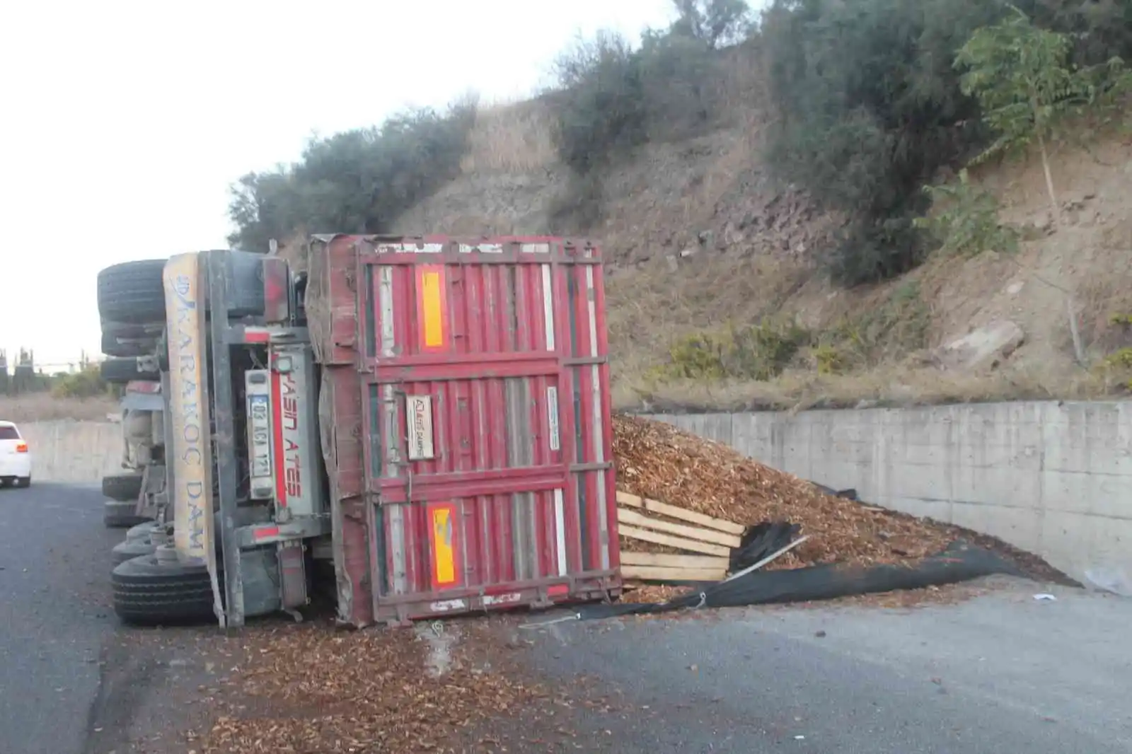 Manisa'da talaş yüklü tır devrildi: 1 yaralı
