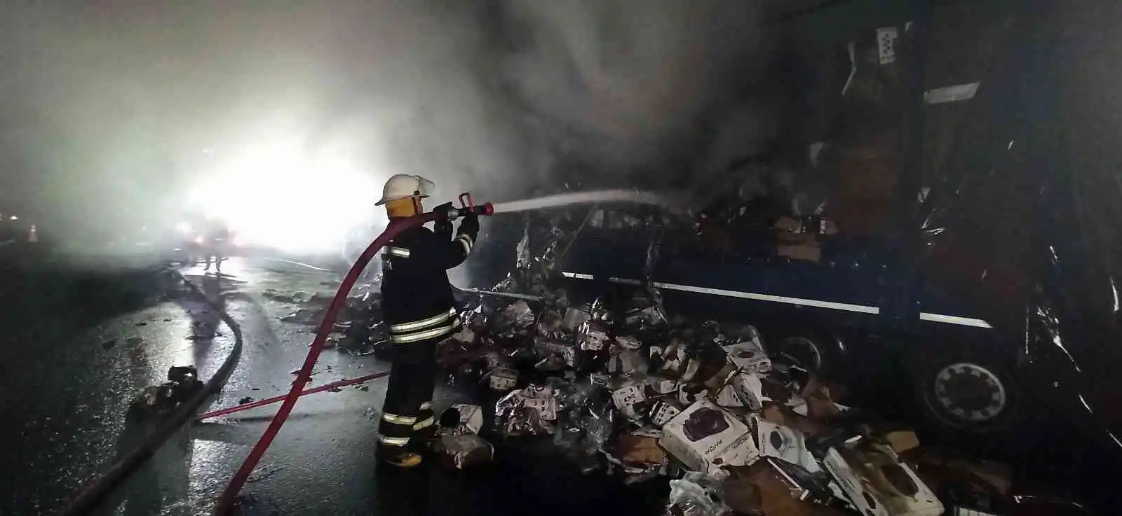 Otoyolda küçük ev aletleri taşıyan tır alev alev yandı
