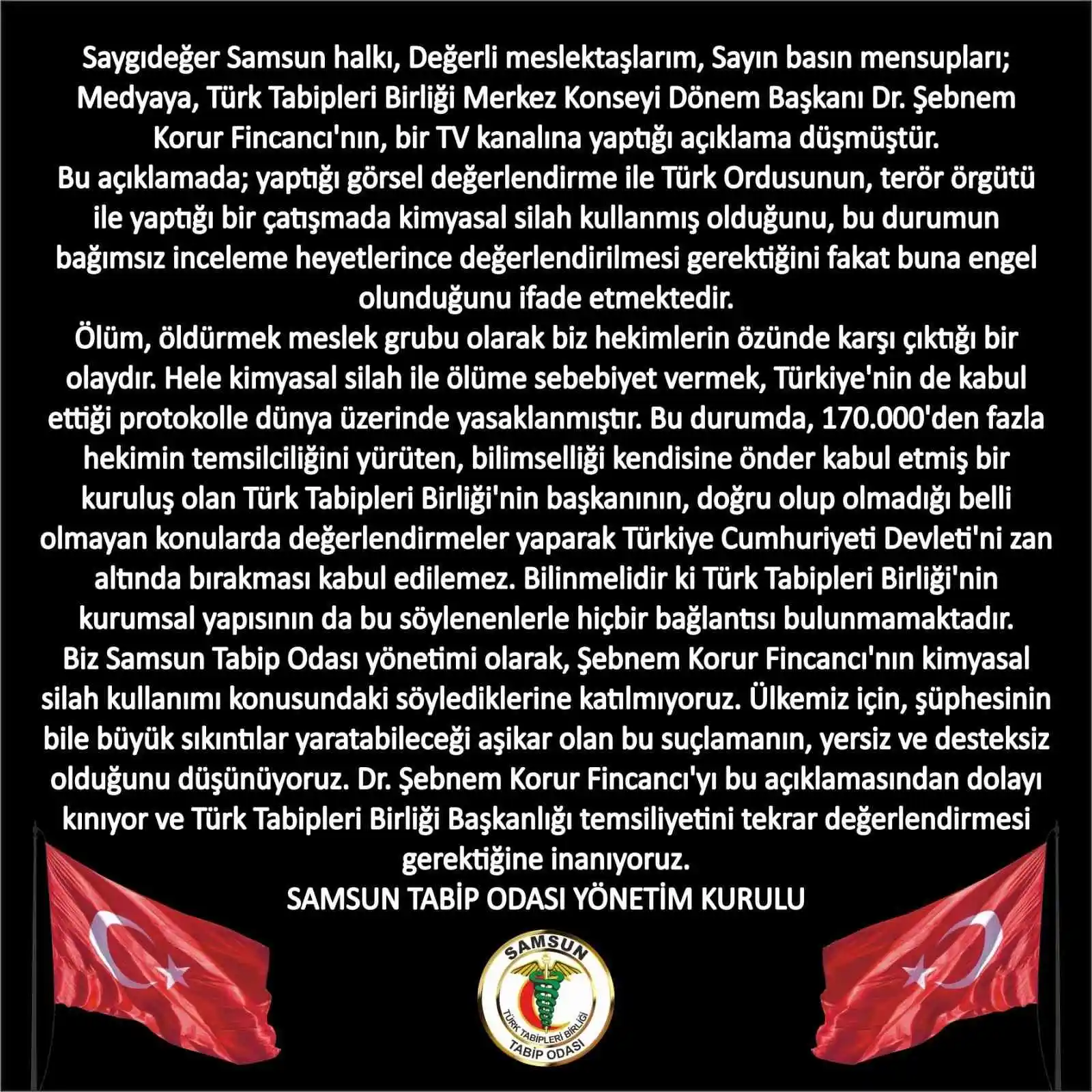 Samsun Tabip Odası'ndan Fincancı'ya kınama