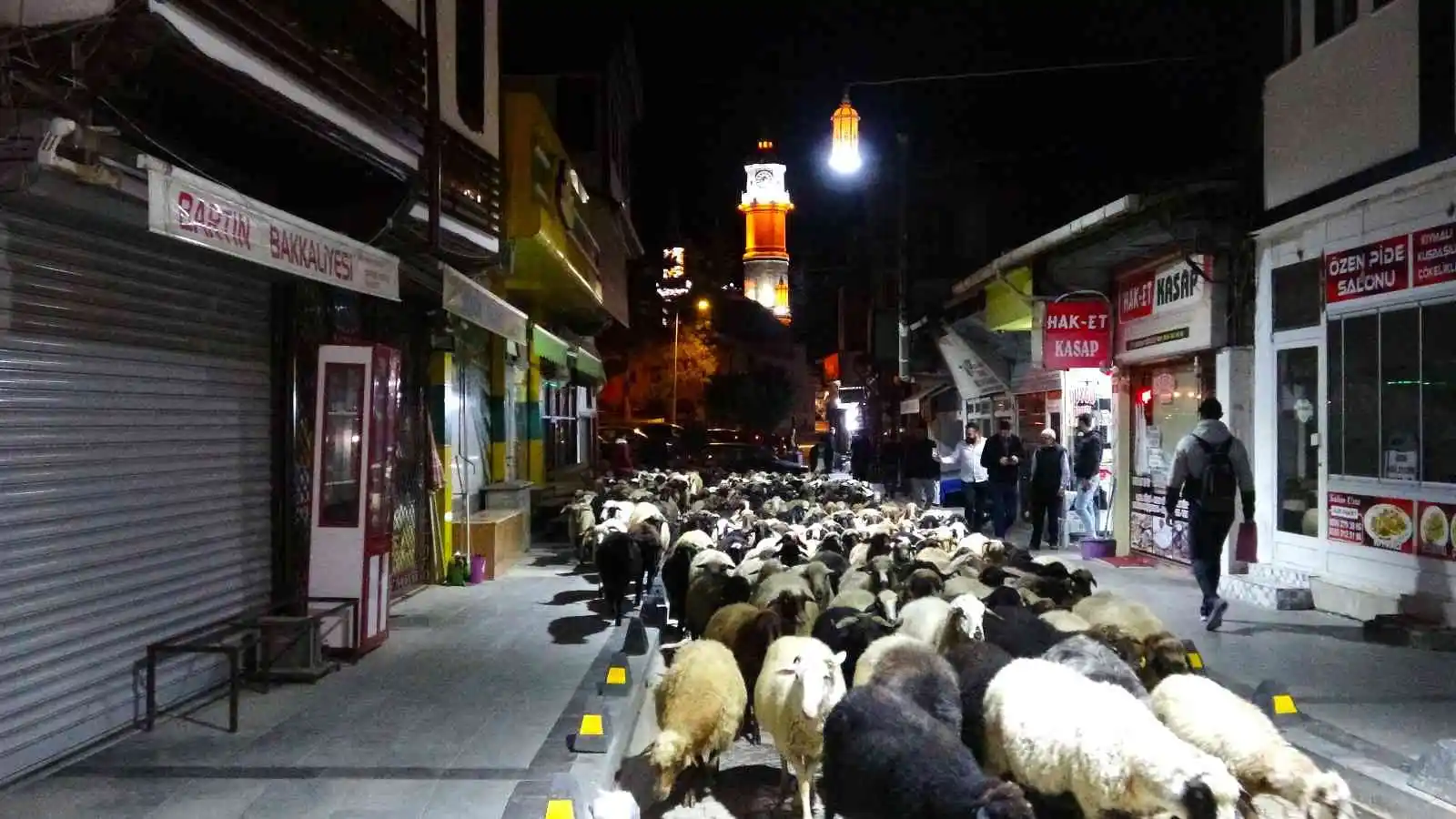 Şehir merkezinden koyun sürüsü geçti, trafik durdu