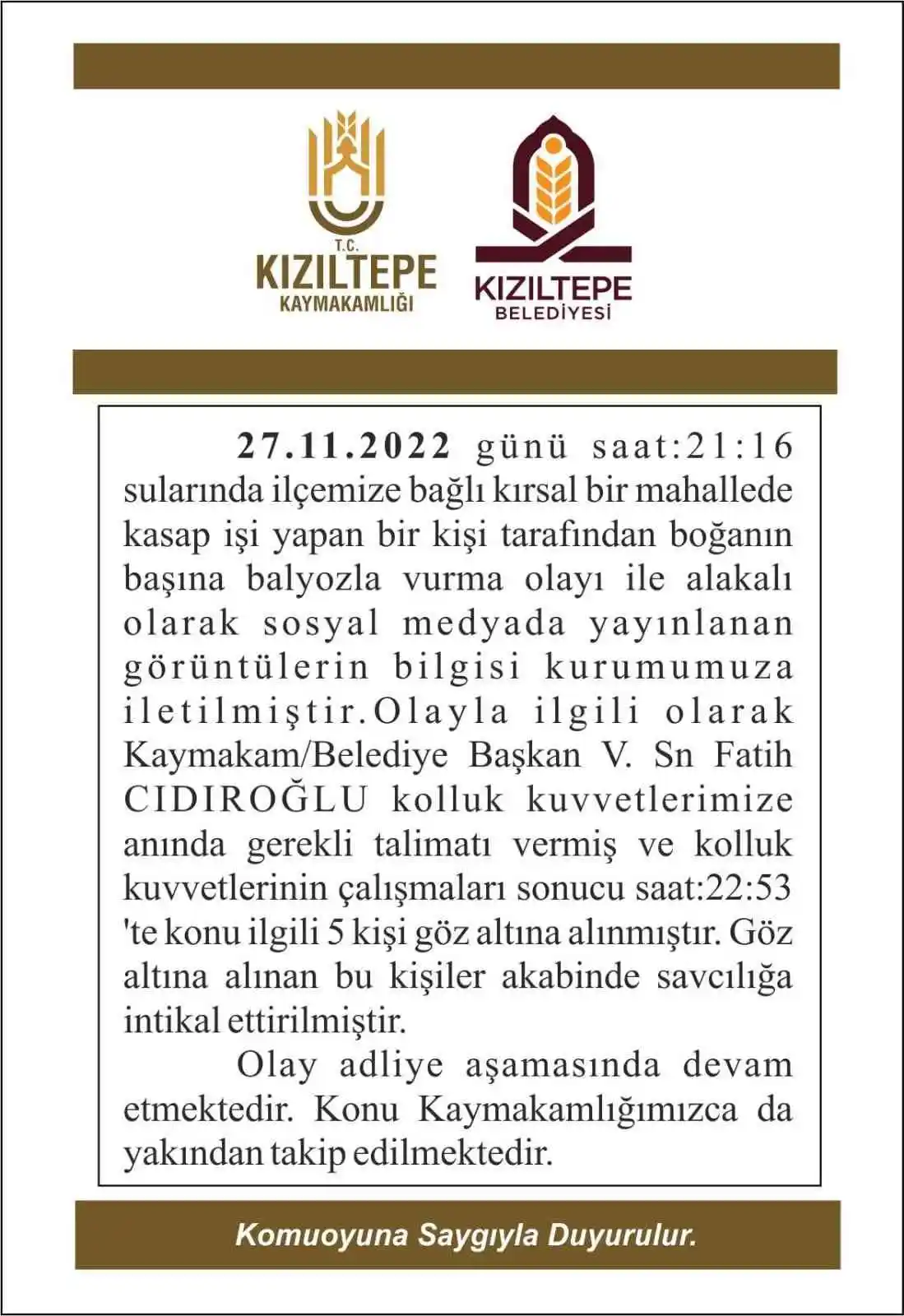Kızıltepe Kaymakamlığından gözaltına alınan kasap hakkında açıklama