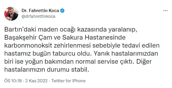 Sağlık Bakanı Koca: "Başakşehir Çam ve Sakura Hastanesi'nde tedavi edilen hastamız taburcu oldu"