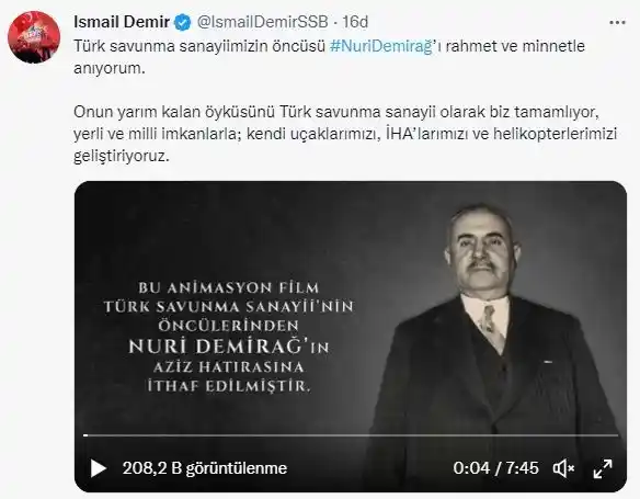 SSB Başkanı Demir'den 'Nuri Demirağ' paylaşımı