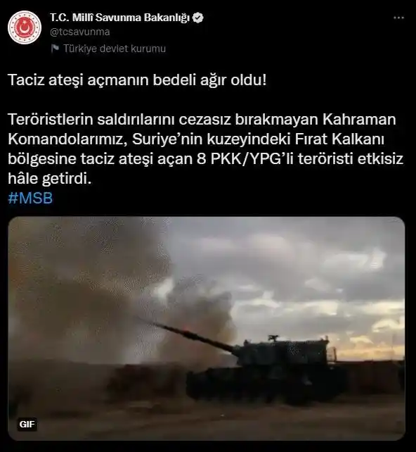 Taciz ateşi açan 8 PKK/YPG'li terörist etkisiz hale getirildi