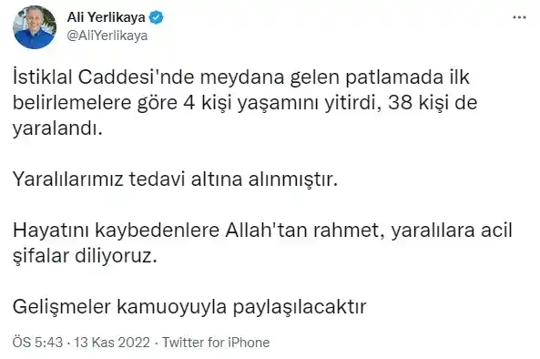 Vali Yerlikaya: "(Taksim'de patlama) 4 kişi yaşamını yitirdi, 38 kişi yaralandı"