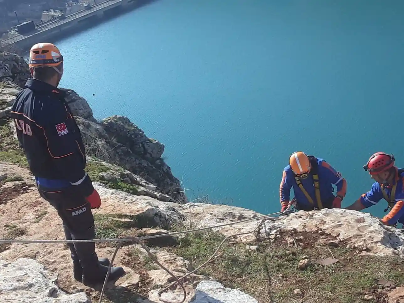 Kayalıklarda mahsur kalan keçiler halatlarla kurtarıldı