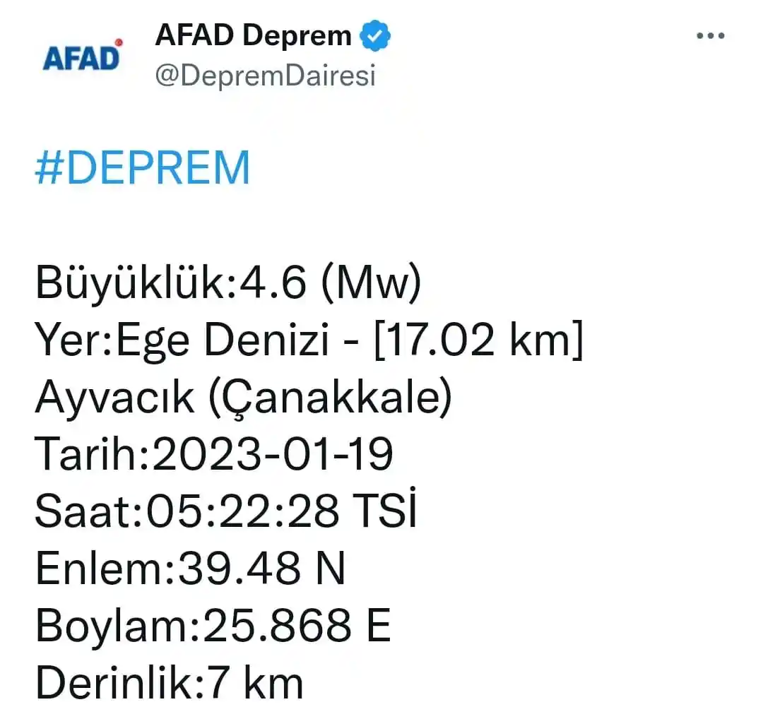 Çanakkale açıklarında 4,6 büyüklüğünde deprem
