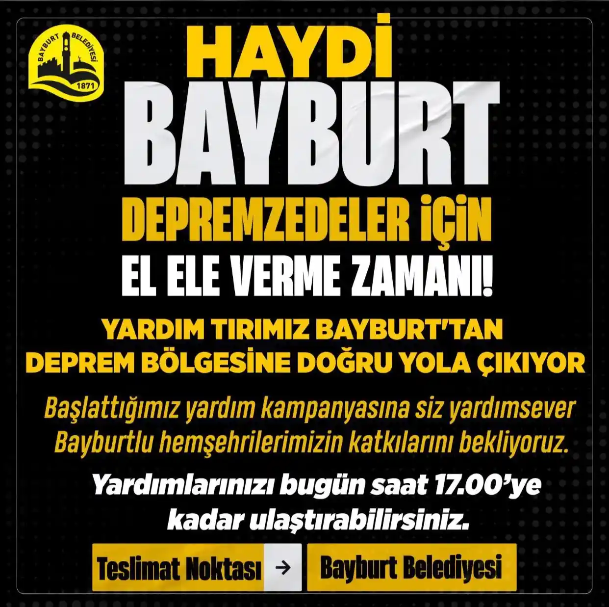 Bayburt Belediyesi depremzedeler için yardım kampanyası başlattı
