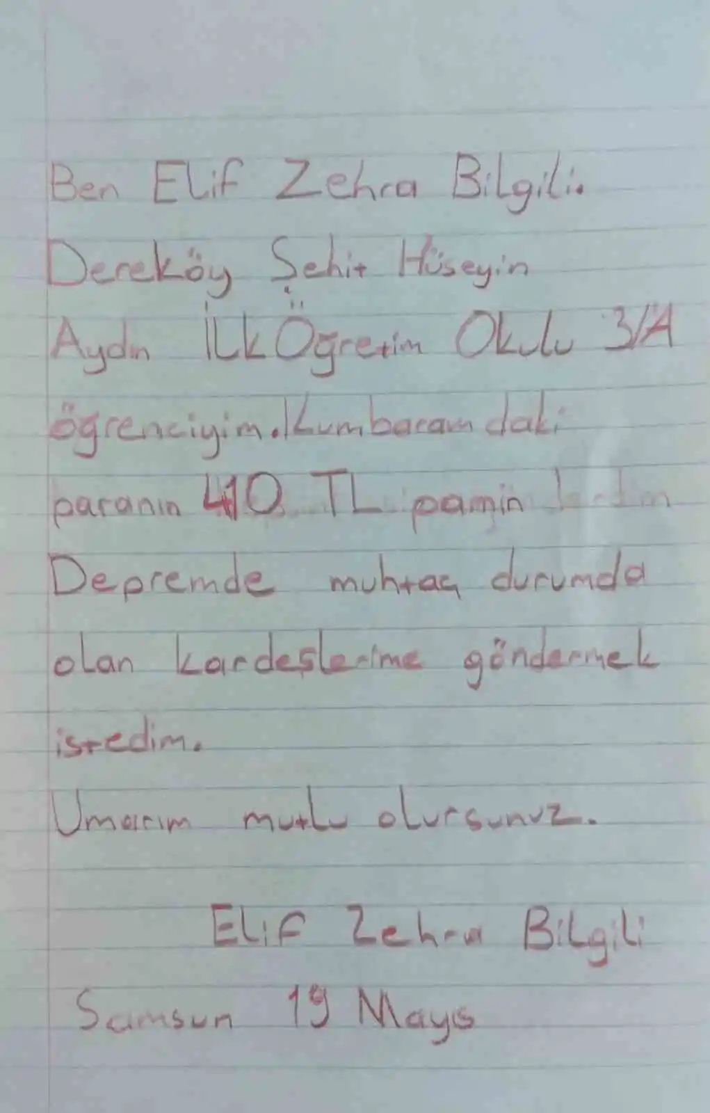 Minik Elif Zehra, kumbarasında biriktirdiği 410 lirayı depremzedelere gönderdi
