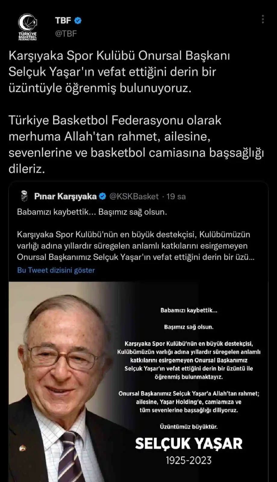 TBF'den Selçuk Yaşar için taziye mesajı
